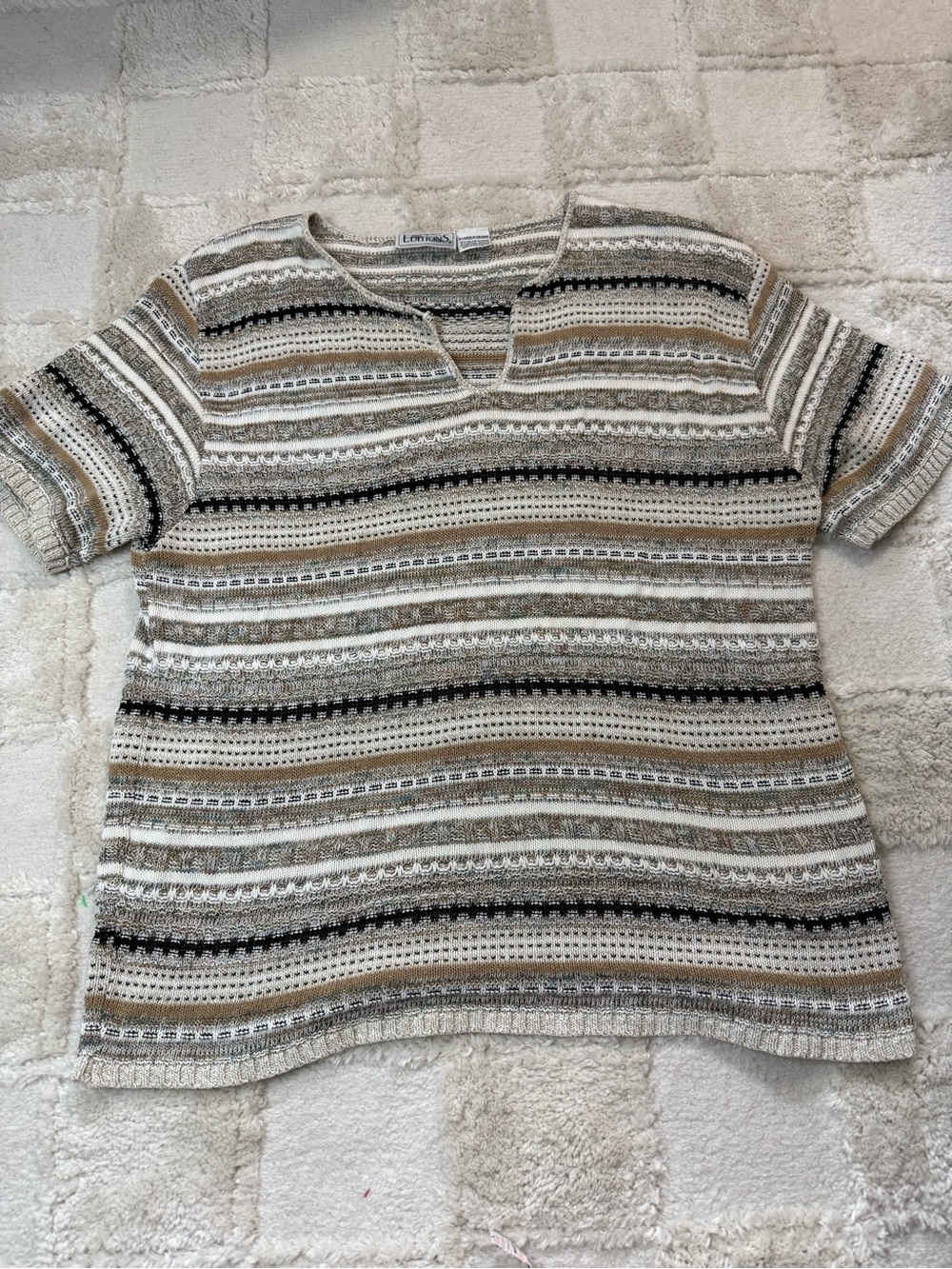 vintage Crochet Stripe Knit Top in Cream, Tan Black Coastal Grandma XL cotton